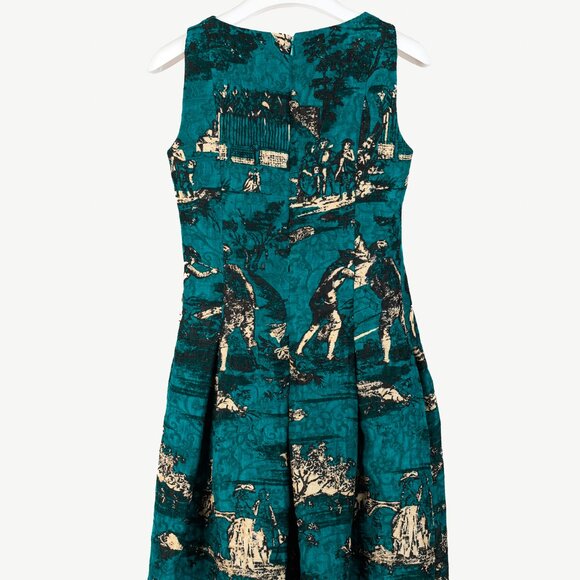 Oscar de la Renta AW/13 Teal Jacquard Sleeveless Pleated A-Line Dress - Picture 3 of 10